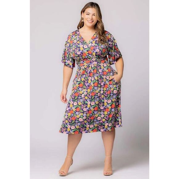 Kiyonna Gia Floral Midi Dress 2X Pockets Empire Waist Colorful Packable Party - Picture 11 of 11